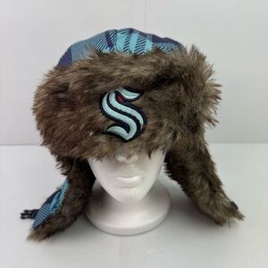 Seattle Kraken Trapper Hat, Blue Flannel Pattern Cap w/Faux Fur NHL Strapback